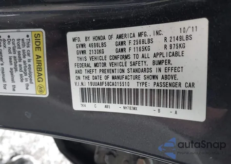 2012 Acura Tl 3.5 из США, поврежденный, VIN 19UUA8F58CA015510